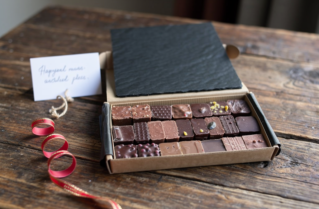 Coffret de chocolats artisanaux avec ardoise et ruban cadeau sur une table en bois