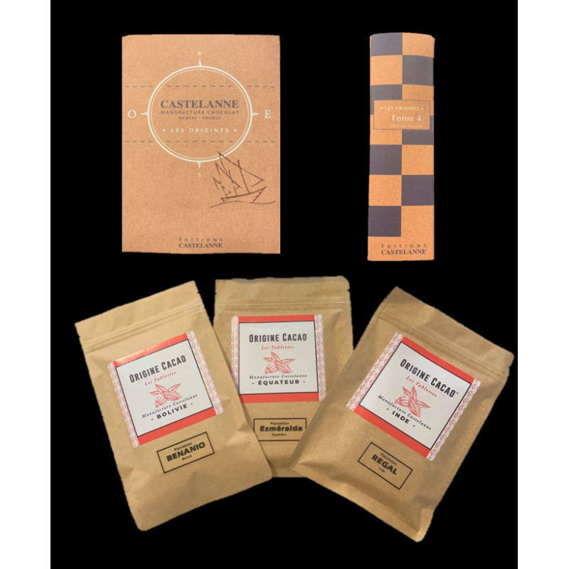Boîte Castelanne façon kraft avec emballage noir et orange et trois sachets Origine Cacao forestaro Bahia, sur fond noir