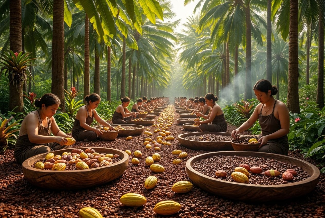 Femmes dans une plantation de cacao triangular avec des cabosses et des fèves, travail d’assemblage posé dans de grands bols en bois. Boîte de chocolats pralinés.