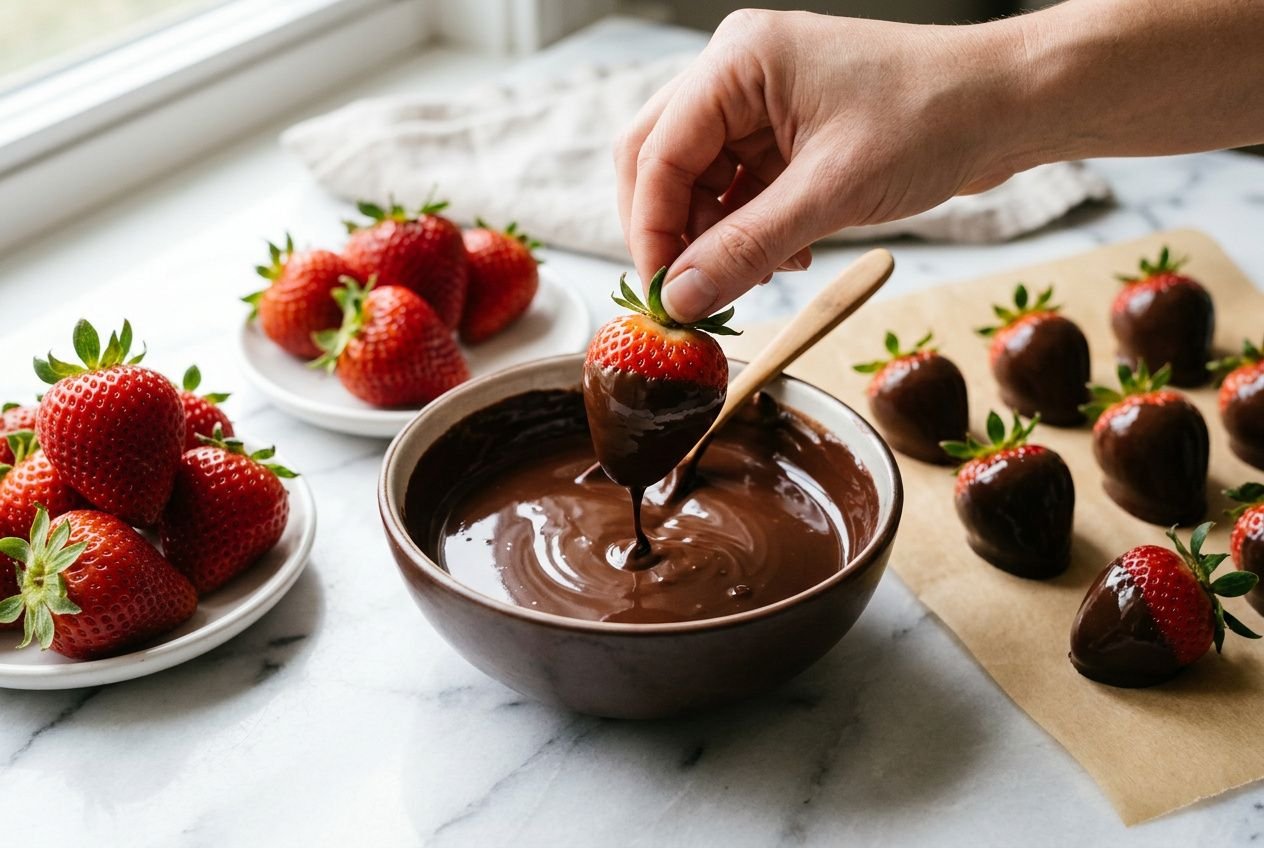 Fraises fraîches à enrober dans du chocolat fondu, prêt à tremper, sur plan de travail avec bol et chocolat. fruit enrobé de chocolat recette Nuanced display.