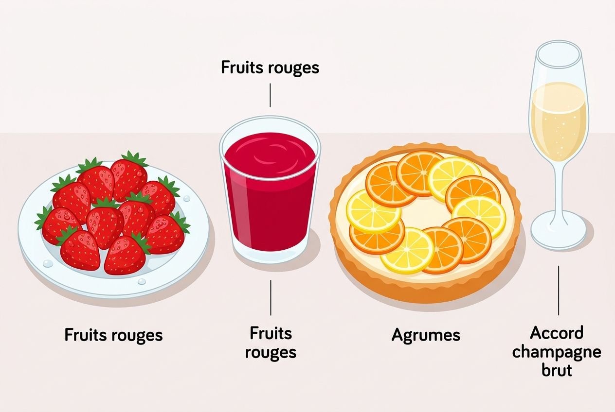 Fruits rouges, fruits rouges et verre de champagne brut pressent une assiette de dessert avec fruits rouges et agrumes accompagnés d’un accord champagne brut.