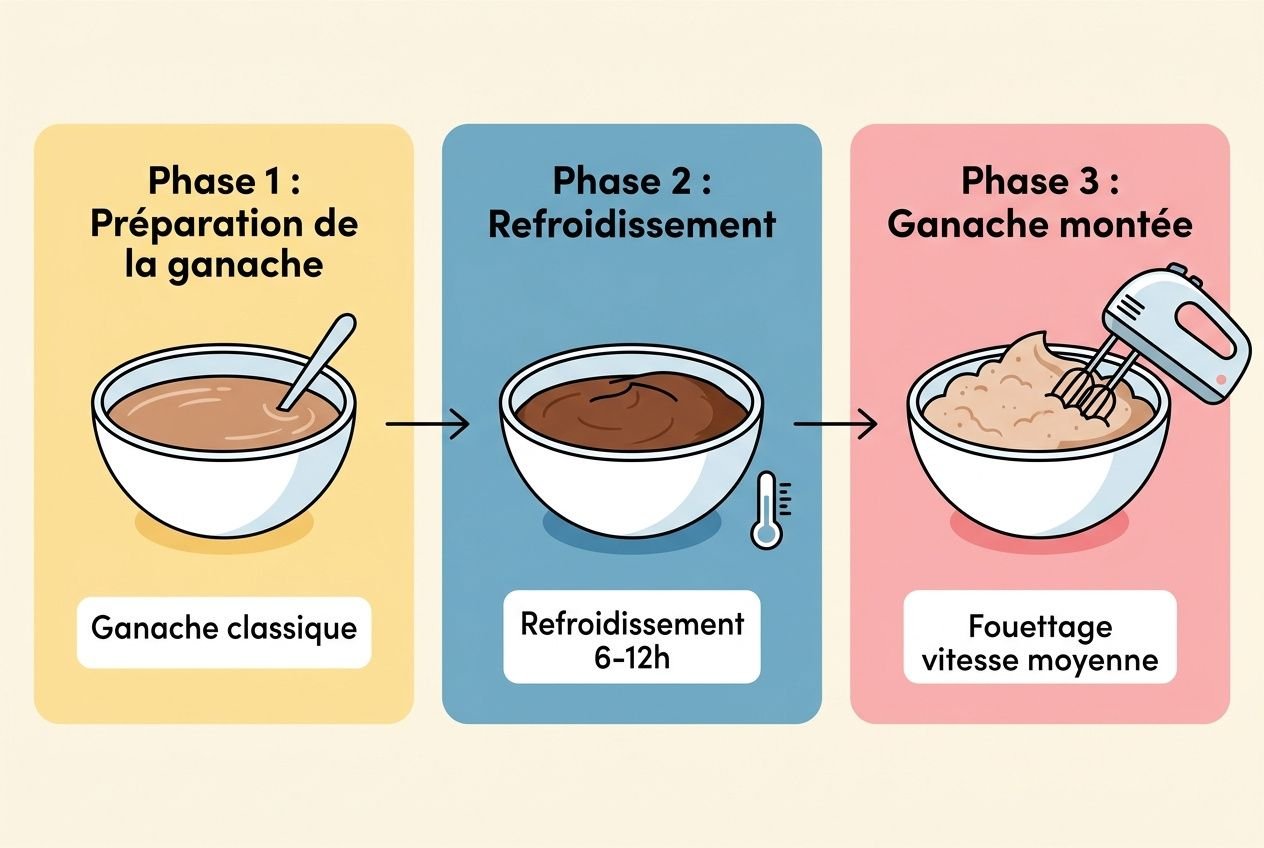 Ganache chocolat au lait facile : illustration des 3 étapes, préparation, refroidissement et montée légère avec des bols et un fouet.
