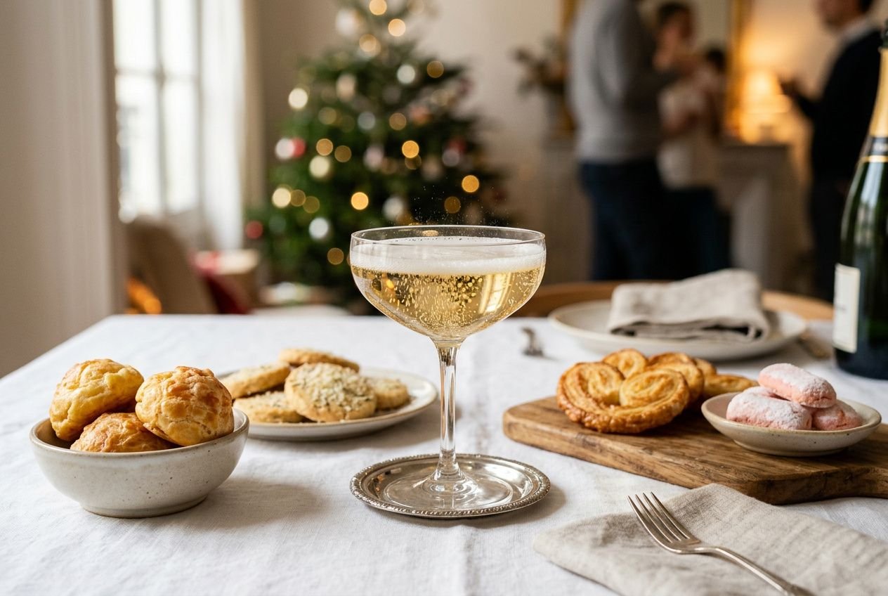 Gâteau pour accompagner le champagne: table festive avec coupe de champagne, scones, biscuits et petits fours prêt à déguster.