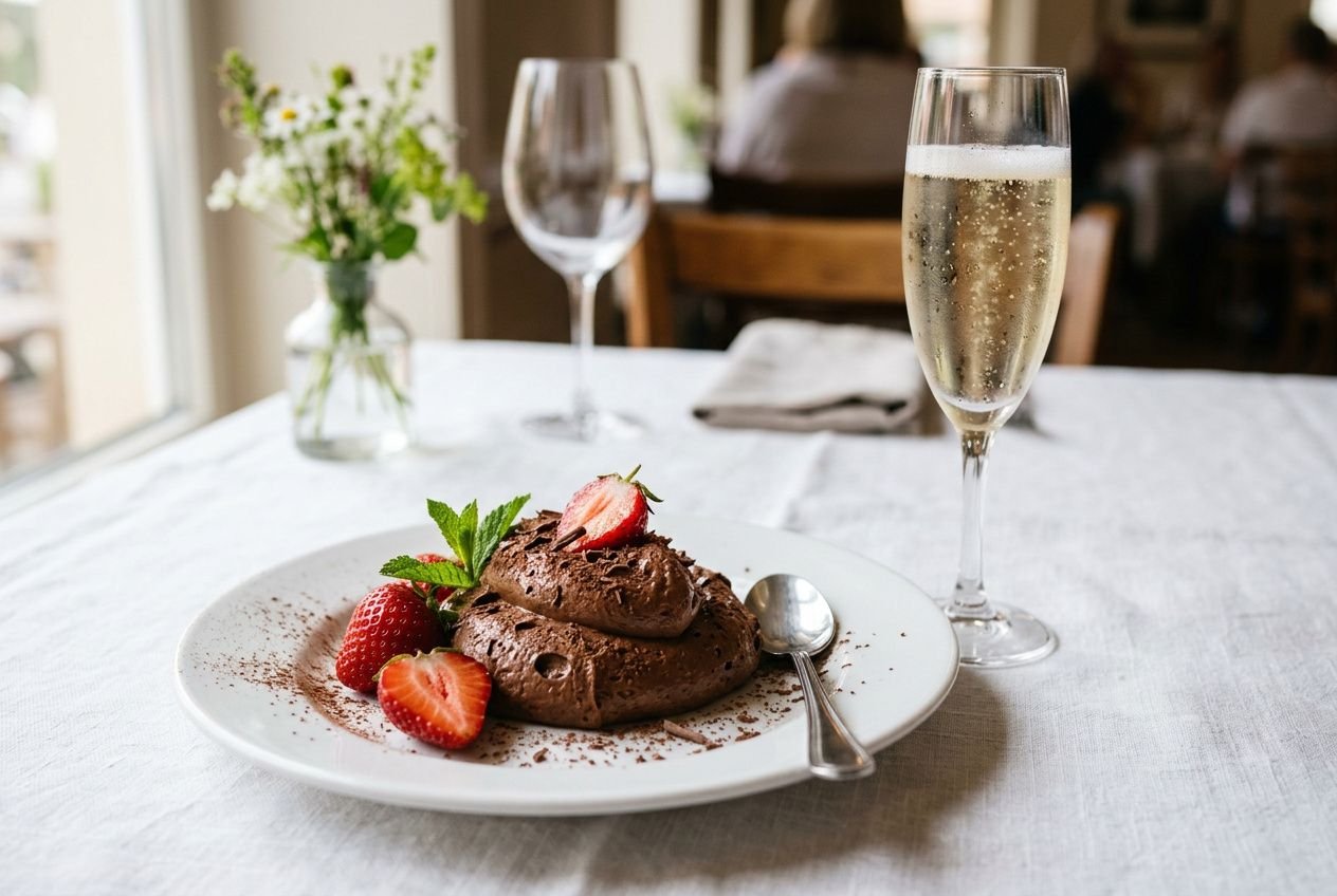 Gâteau au chocolat léger avec des fraises, servi avec coupe de champagne brut sur une table, décor simple et éclairage naturel.