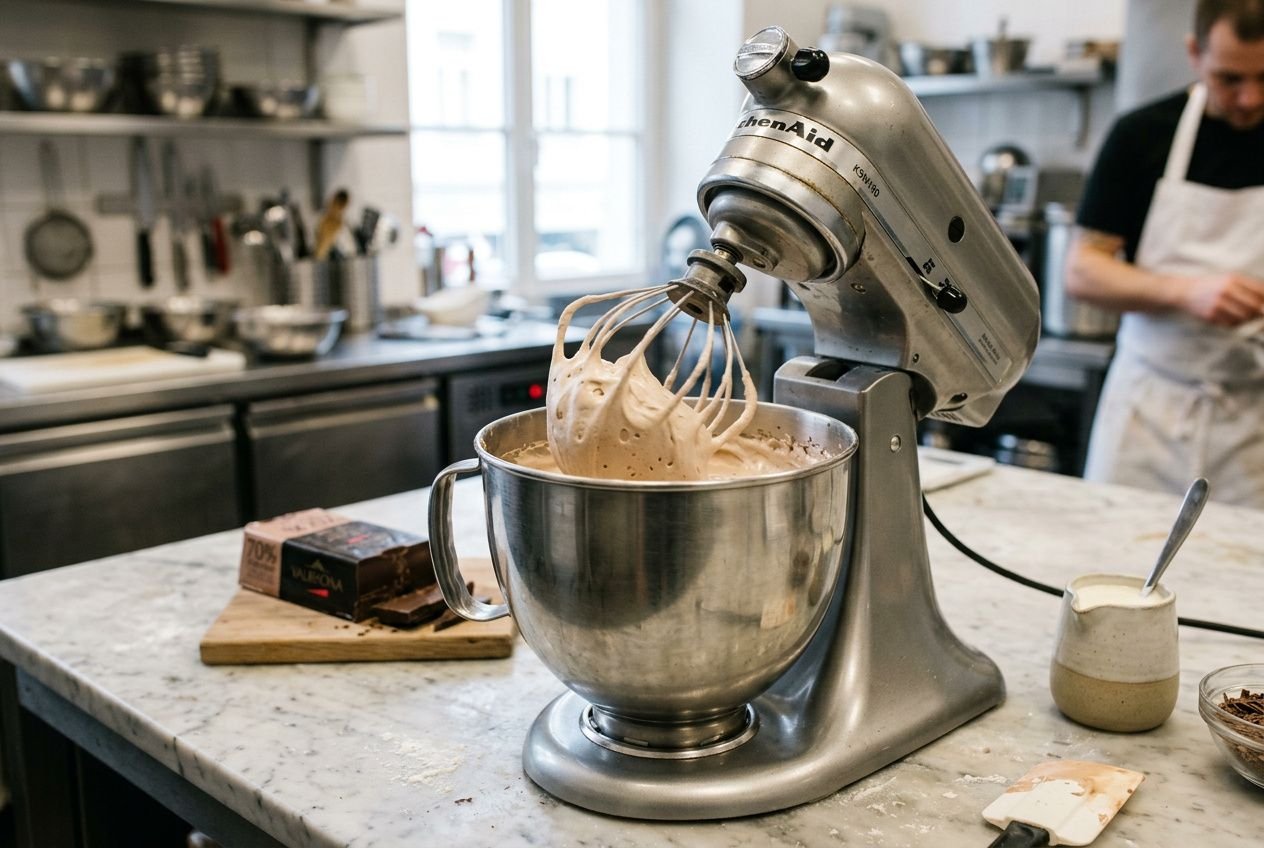 Mélangeur sur le plan de travail, préparation d’une ganache au chocolat pour gâteau dans un bol en inox.
