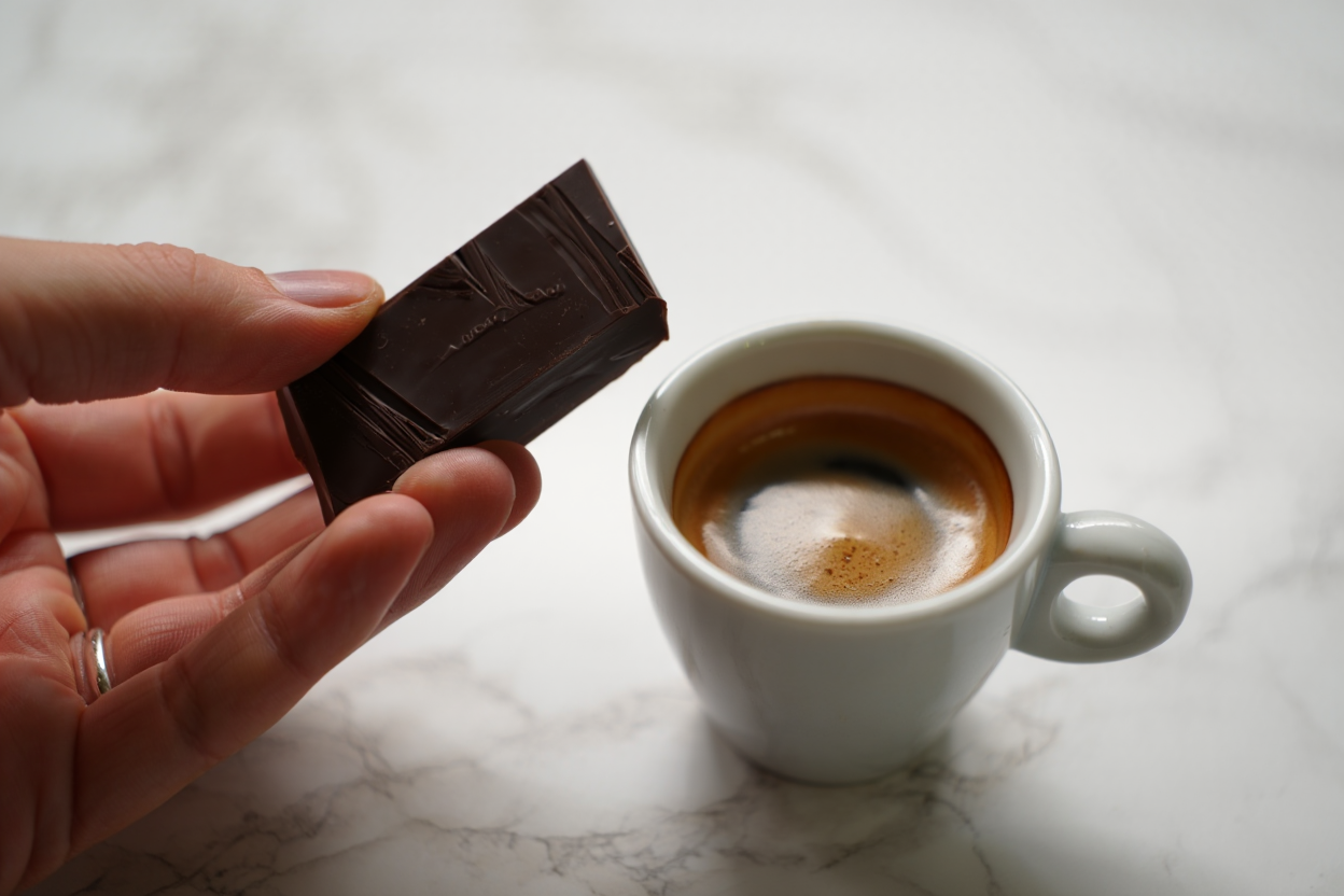 Morceau de chocolat noir tenu près d’un petit espresso placé sur une table claire. chocolat et café lequel d’abord en tête.