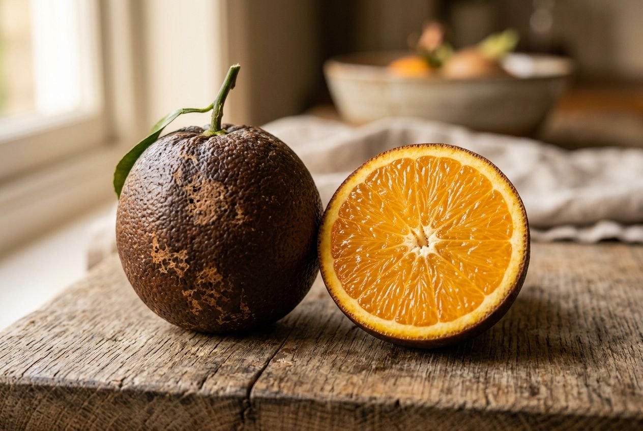 Orange chocolat origine : une orange Navel à peau sombre et épaisse, coupée en deux pour révéler une pulpe juteuse et dorée, sur une planche en bois.