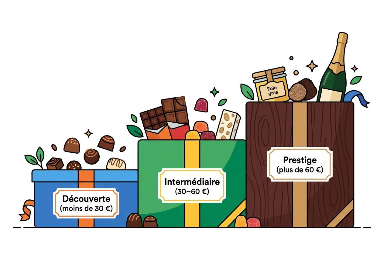 Paniers gourmands colorés avec chocolat, biscuits et boissons, labels “Découverte”, “Intermédiaire” et “Prestige” indiquant les gammes de prix. Panier gourmand à offrir comme coffrets cadeaux d’exception.