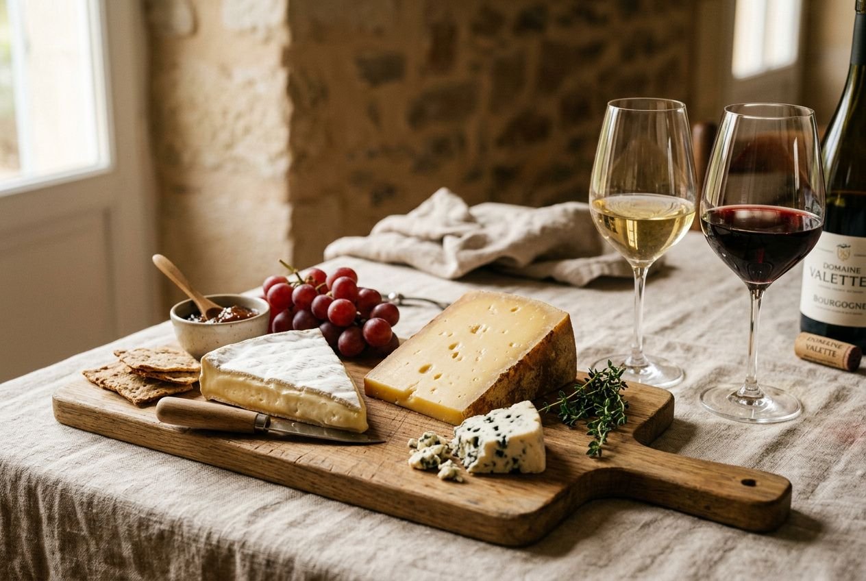 Planche de fromages variés et vins rouges et blancs, accompagnée de crackers et raisin, sur une table. tableau accord vin fromage, guide pratique.