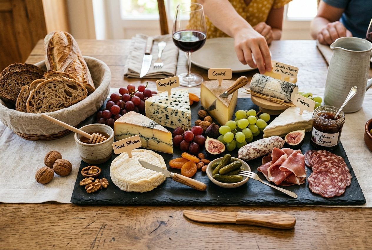 Plateau de fromages variés avec pains, fruits, charcuterie et accompagnements, incluant étiquettes; ambiance conviviale autour d’une table. Qu'est-ce qui accompagne les fromages.