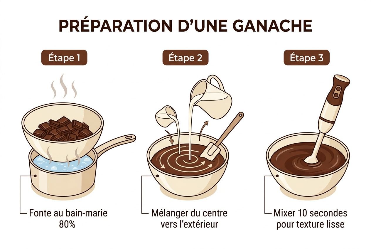 Préparation d'une ganache: étape 1 béta au bain-marie, étape 2 mélange du centre vers l'extérieur, étape 3 mixage 10 secondes pour texture lisse. Ganache chocolat au lait facile.
