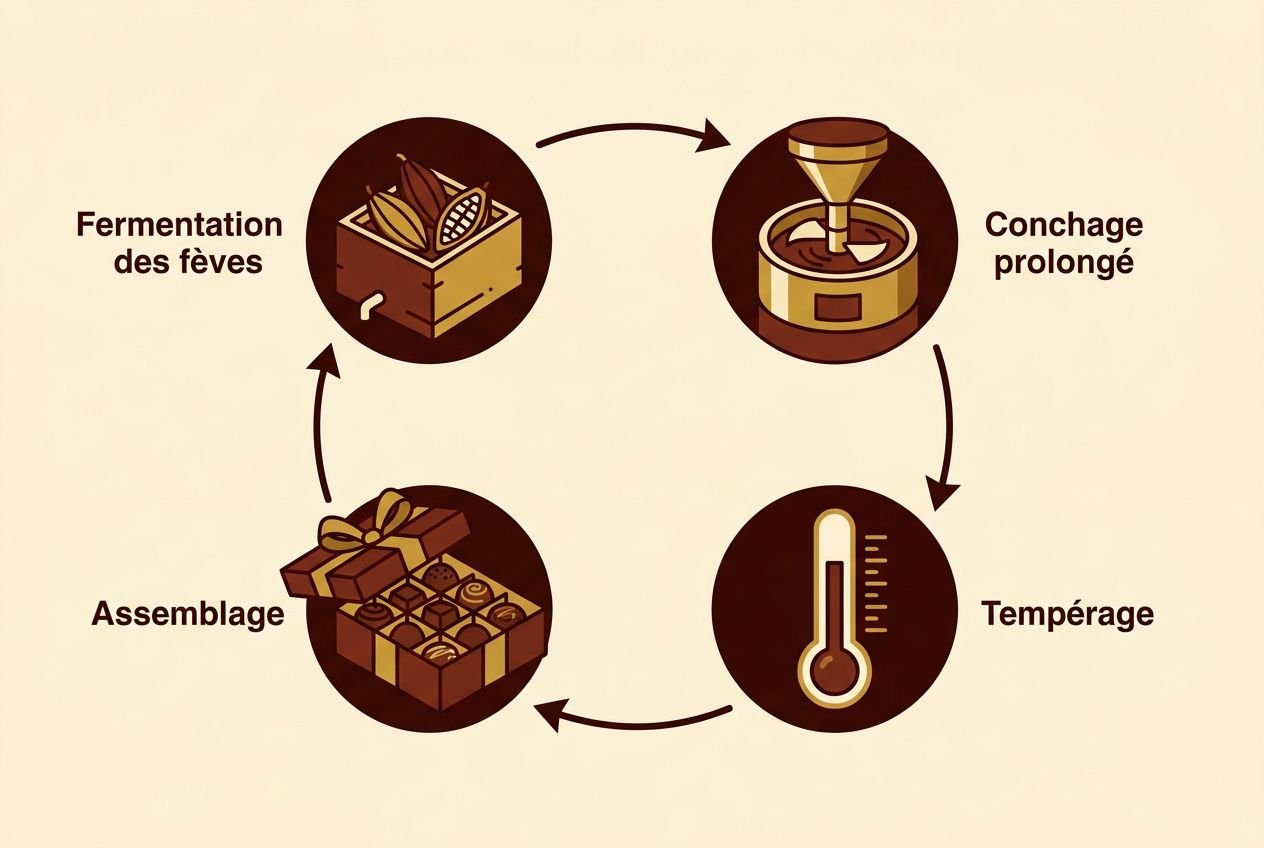 Processus de fabrication du chocolat: fermentation des fèves, conchage, tempérage, assemblage et emballage. Chocolat anniversaire prêt à offrir.