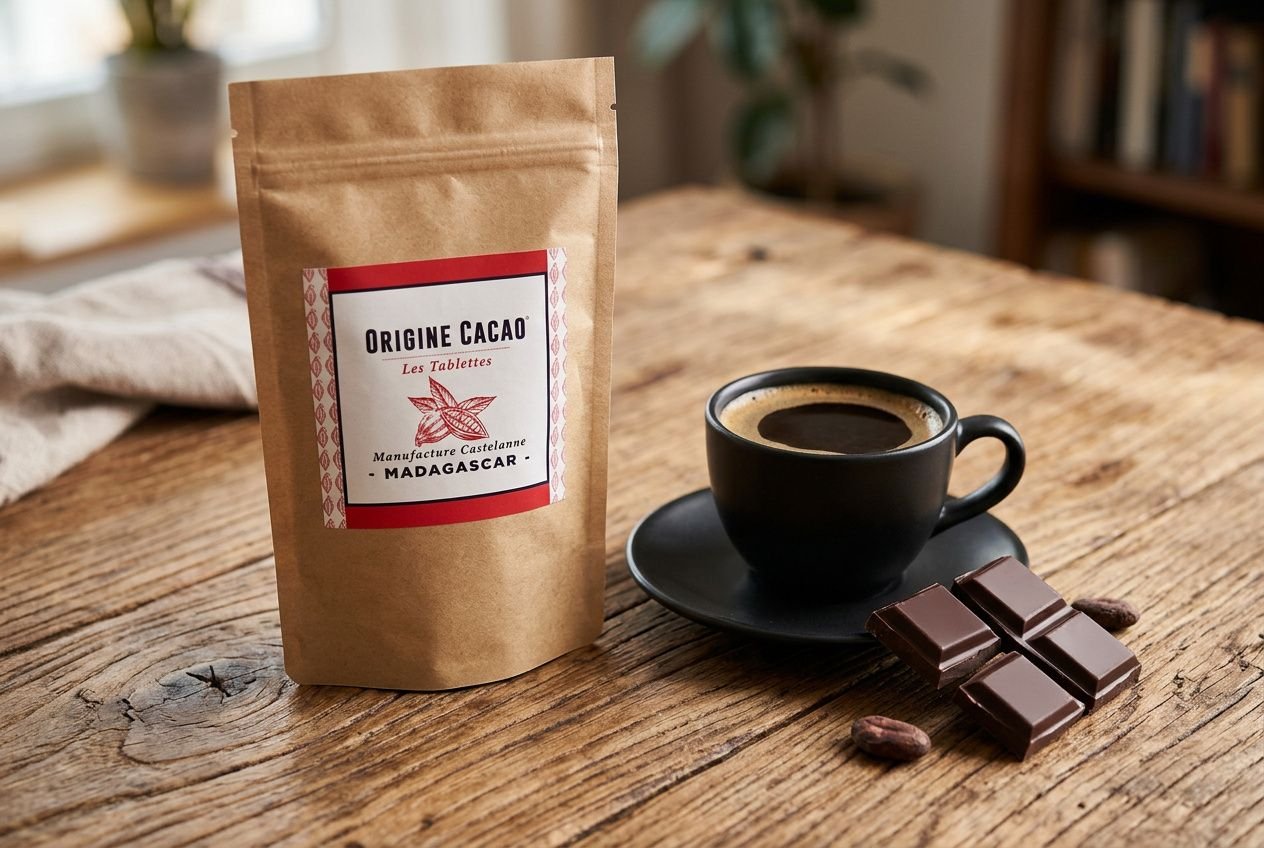 Sachet kraft et tasse de café noir avec carrés de chocolat, sans fruits à coque, sur une table en bois.