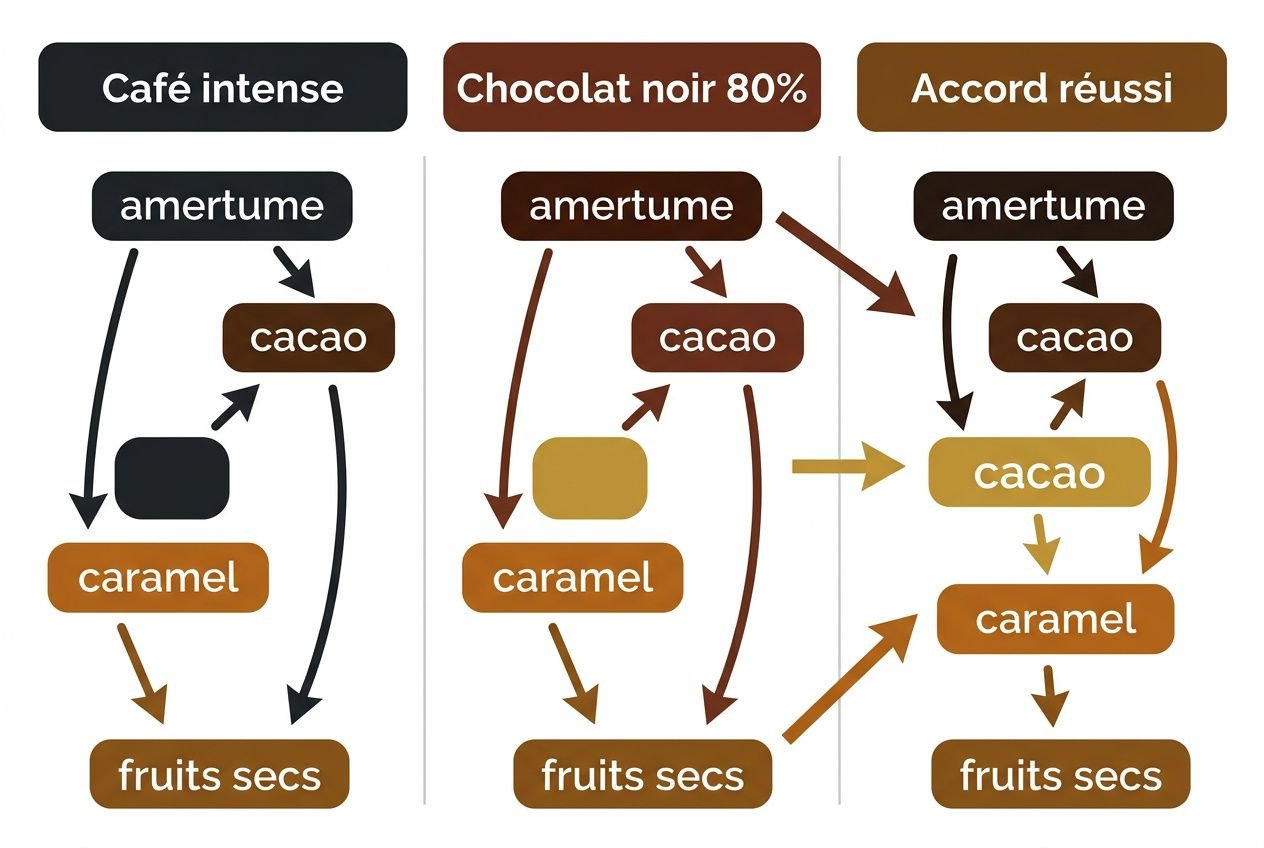 Schéma de parcours aromatiques pour mini-chocolats et cafés: textures chocolat noir 80%, amertume et caramel → fruits secs; premier et troisième colonne montrent des étapes et associations typiques du pairing petit chocolat pour accompagner le café.