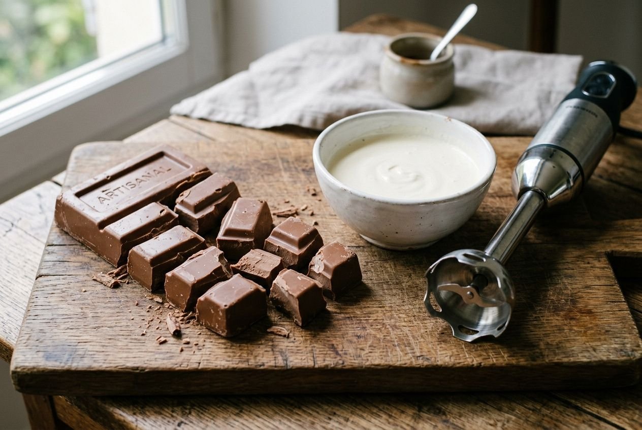 Table en bois avec morceaux de chocolat et un bol de ganache crémeuse, accompagnés d’un mixeur plongeant. Ganache chocolat au lait facile.