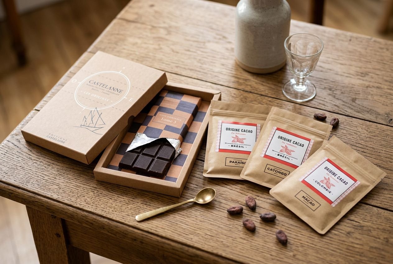Table haute en bois avec tablette de chocolat noir encartée et sachets de cacao originaux; accords chocolat noir et graines de cacao. Meilleurs chocolats de grande surface.