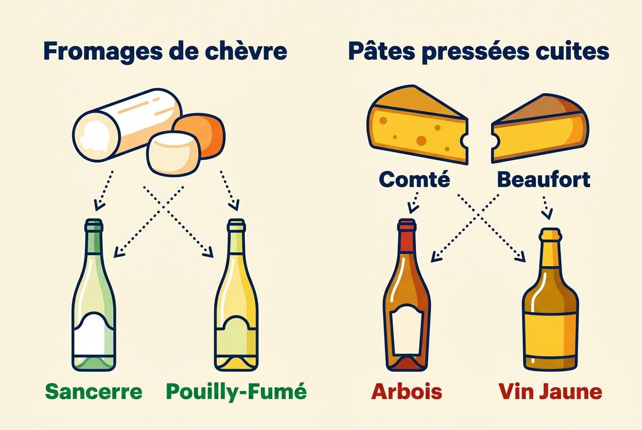 Tableau accord vin fromage: fromages de chèvre avec Sancerre et Pouilly-Fumé à gauche, pâtes pressées cuites avec Arbois et Vin Jaune à droite.