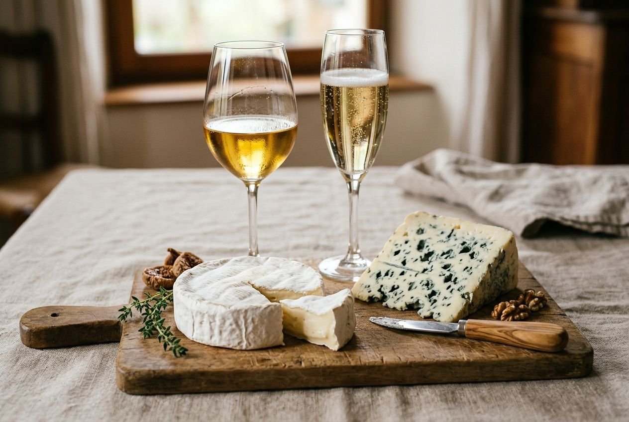Tableau accord vin fromage : présentation sur planche avec chèvre frais et bleu, accompagnés de vins pétillants.