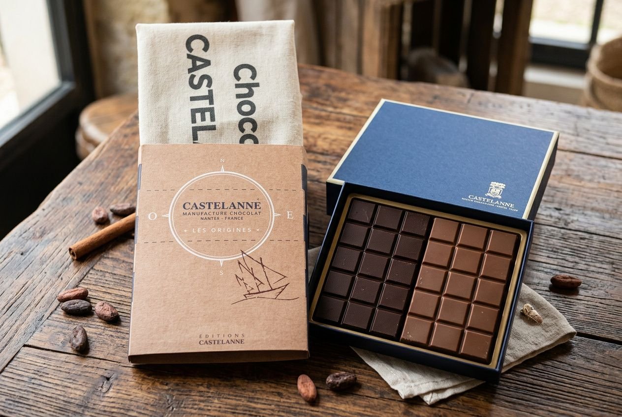 Tablette de chocolat noir et cacao en poudre sur une table en bois, avec emballage Castelanne et logo marqué. y a t il du lait dans le chocolat noir intégré nature.