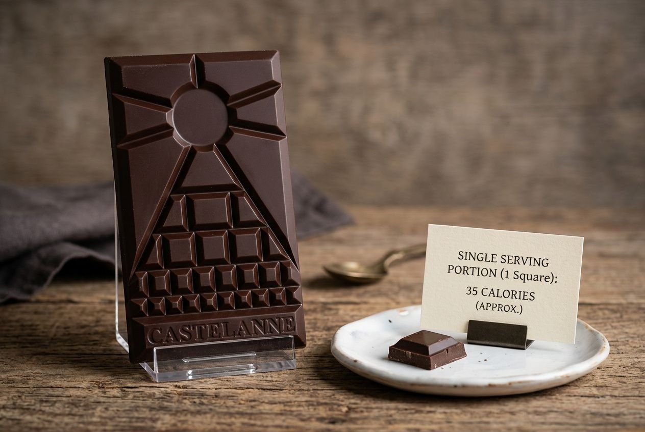Tablette de chocolat noir Castelana avec un petit morceau sur plaque et étiquette indiquant une portion unique d’environ 35 calories. lories chocolat noir présent.