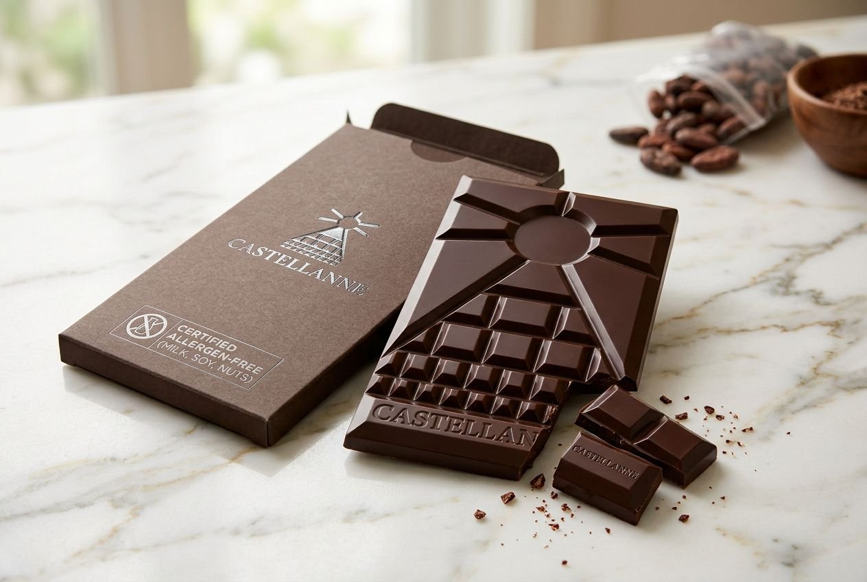 Tablette de chocolat noir Castelnau, boîte élégante, morceaux cassés et grains de cacao autour, chocolat sans allergènes bien visible.