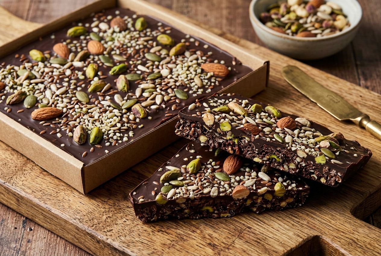 Tablette de chocolat noir au lait décorée de fruits à coque et graines,.tranches coupées montrant les ingrédients visibles. chocolat au lait danger intégré naturellement dans la description.
