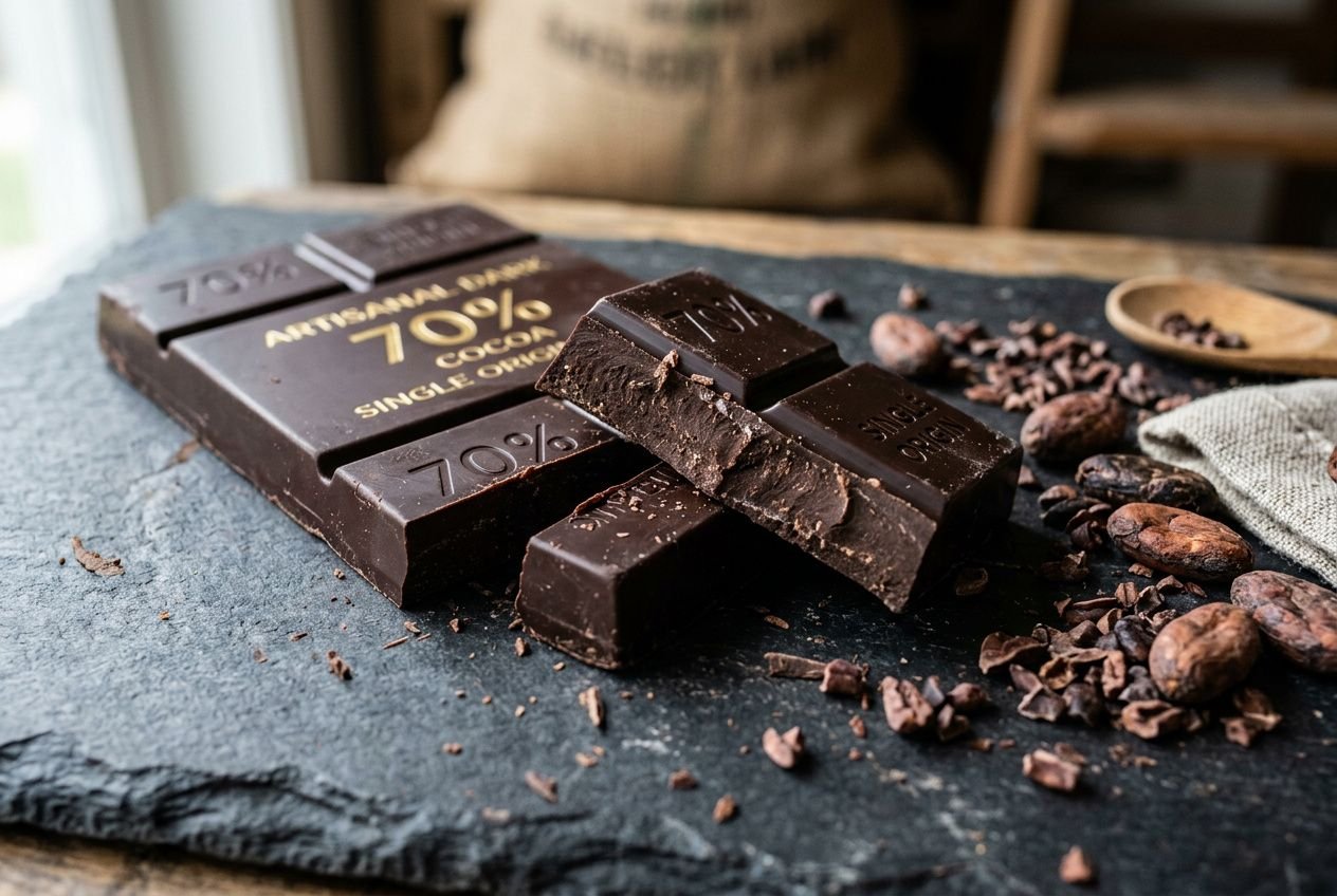 Tablettes de chocolat noir cassées sur une plaque, cacao en grains autour, mettant en avant la composition nutritionnelle chocolat et calories.