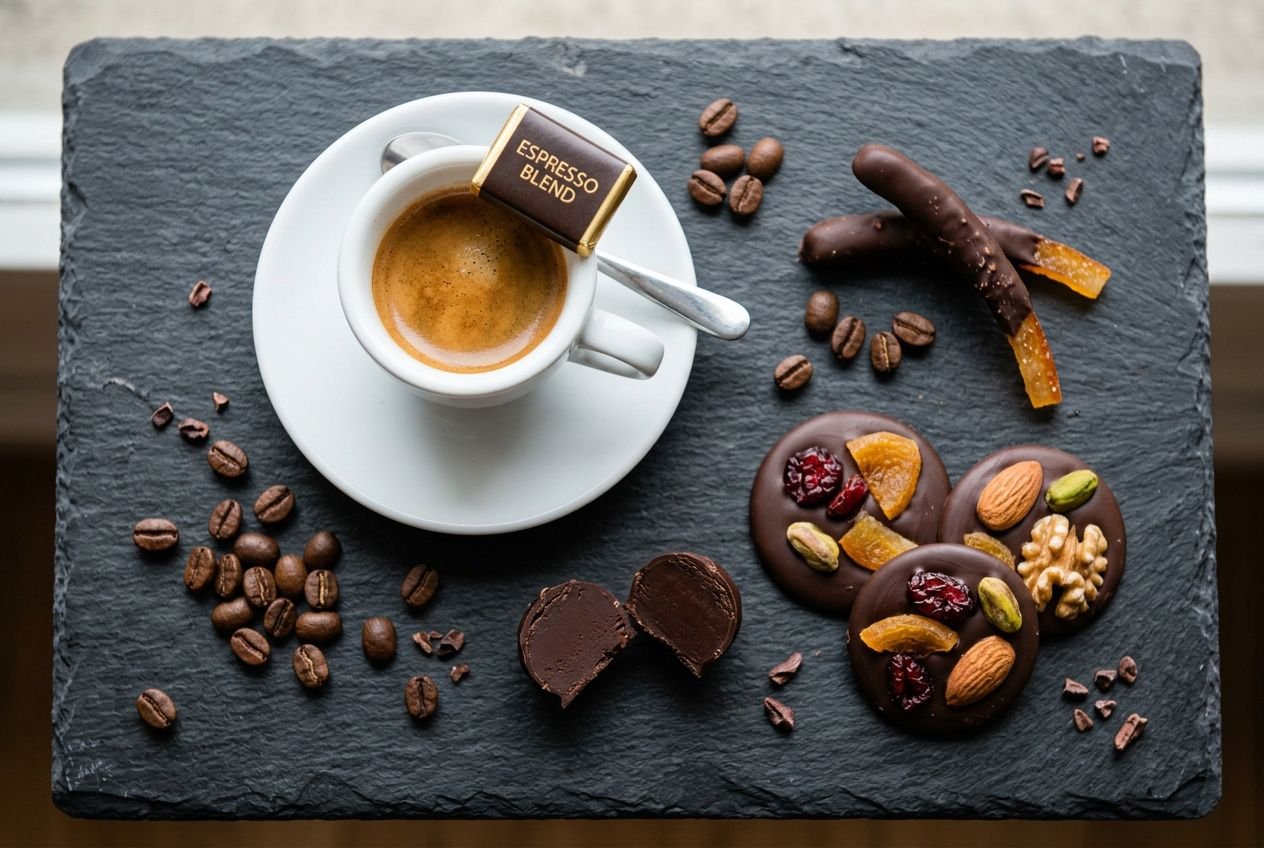 Tasse de café espresso avec morceau de chocolat posé dessus, accompagnée de chocolats fourrés et éclats de cacao sur une plaque noire. chocolat et café lequel d'abord intégré.