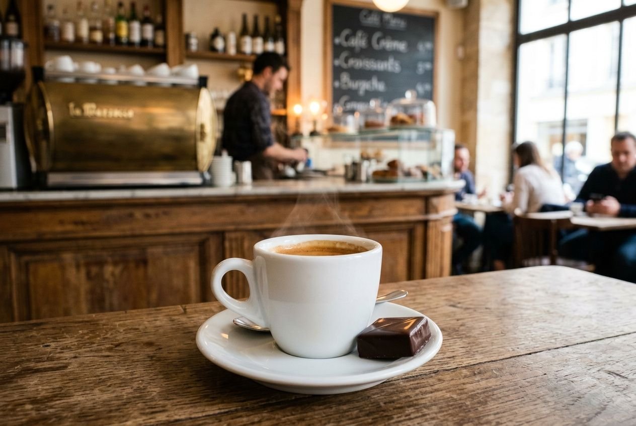 Une tasse de café fumant avec un carré de chocolat noir sur saupoudre, sur une planche en bois dans une caféterie accueillante. Incorporant chocolat et café.