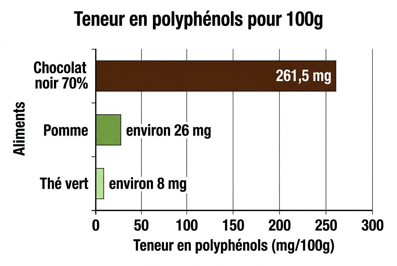 Teneur en polyphénols pour 100g: chocolat noir 70% ~261,5 mg, pomme ~26 mg, thé vert ~8 mg.