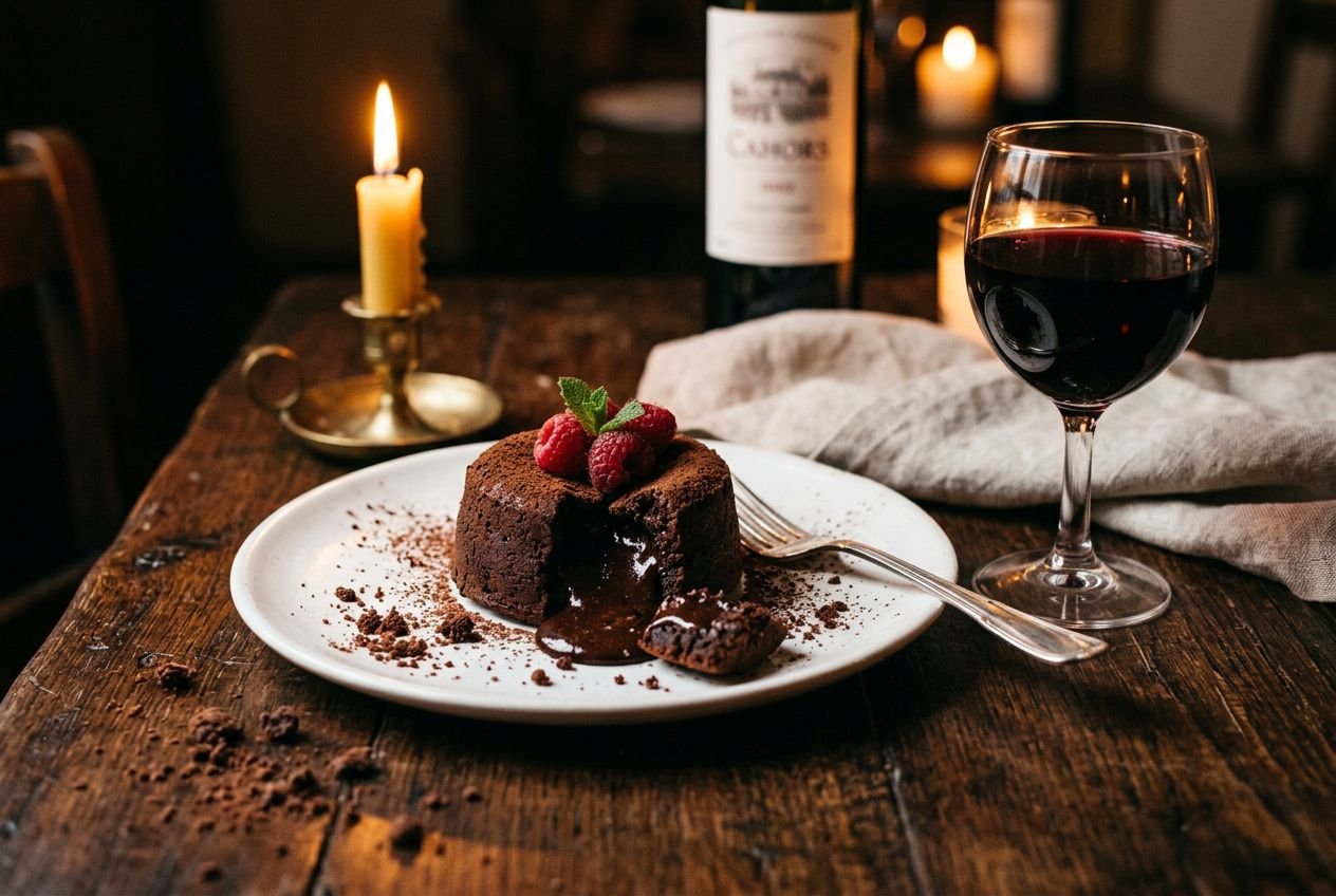 Tranche de gâteau au chocolat sur assiette, chocolat fondu et framboises, verre de vin rouge et bouteille en arrière-plan. vin rouge avec gâteau chocolat, dessert gourmand.